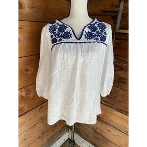 Boden Tunic Women’s 8 White Gauzy Cotton Blue Embroidery 3/4 Sleeve